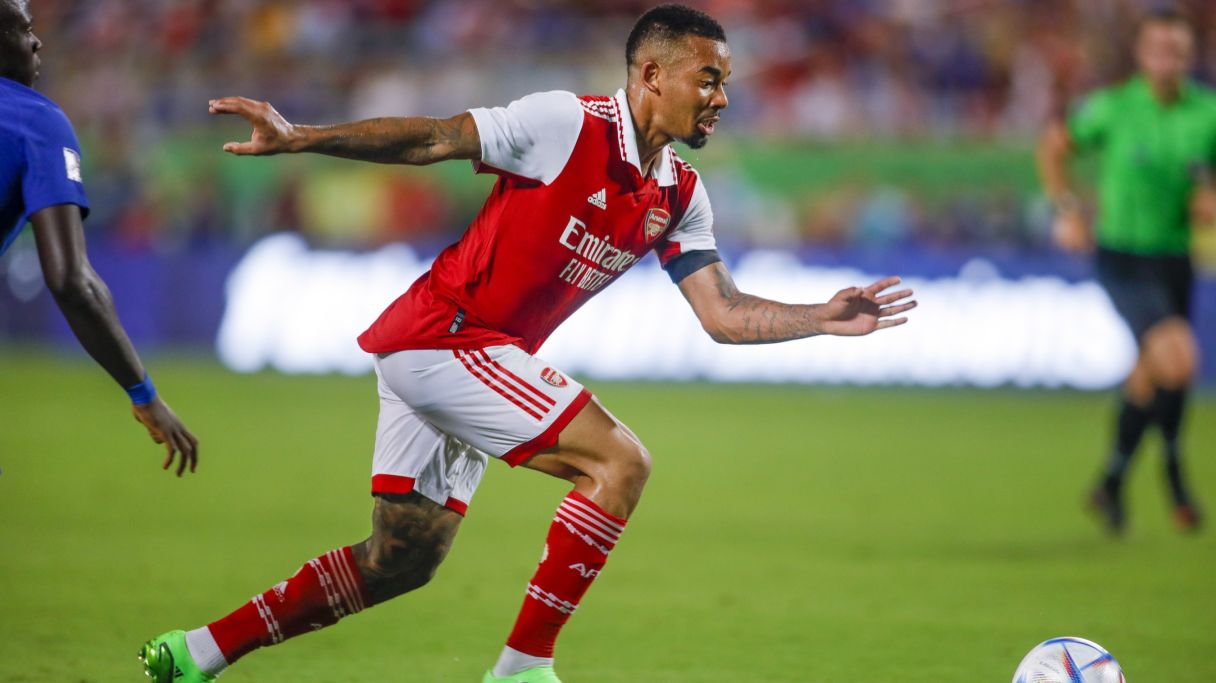 Jul 23, 2022; Orlando, FL, USA; Arsenal forward Gabriel Jesus (9) runs with the ball during the first half against Chelsea at Camping World Stadium. Mandatory Credit: Sam Navarro-USA TODAY Sports