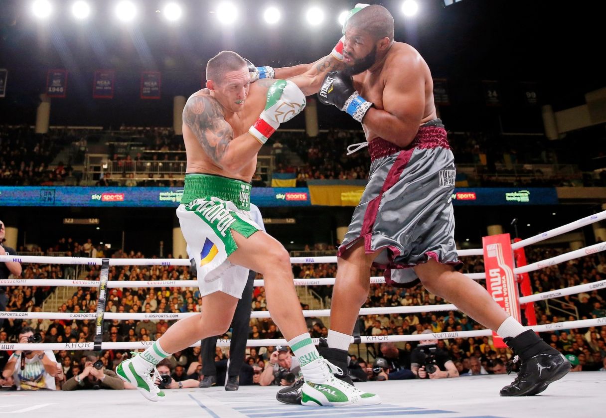 Oct 12, 2019; Chicago, IL, USA; Oleksandr Usyk (white trunks) and Chazz Witherspoon (gray trunks) box during a heavyweight boxing match at Wintrust Arena. Mandatory Credit: Jon Durr-USA TODAY Sports