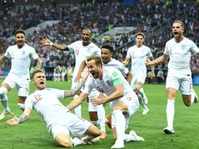 England defender Kieran Trippier (12) celebrates with forward Harry Kane (9) during the 2018 World Cup semifinal. Pic: Tim Groothuis/Witters Sport via USA TODAY Sports