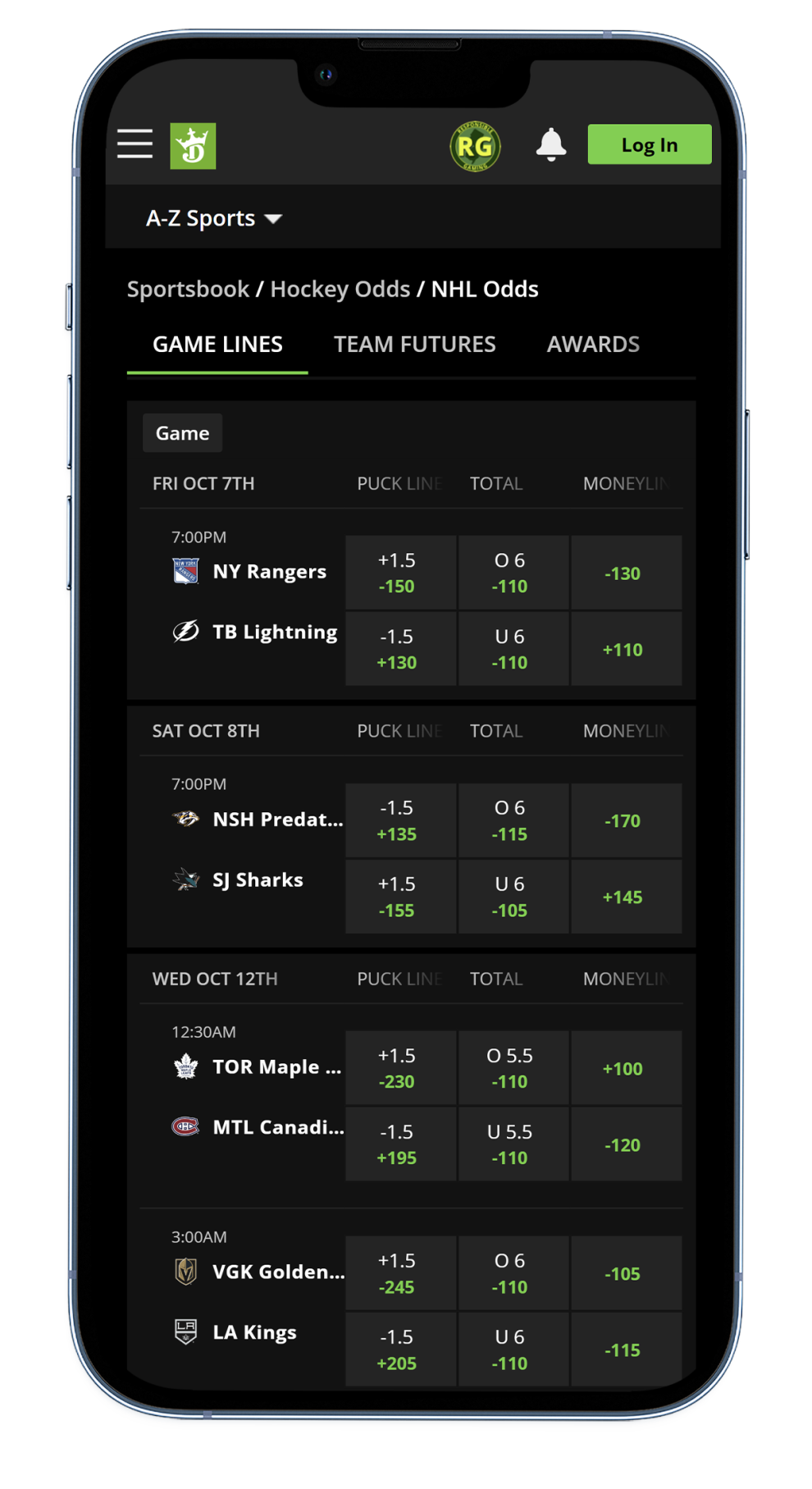 DraftKings NHL Moneyline screenshot 1