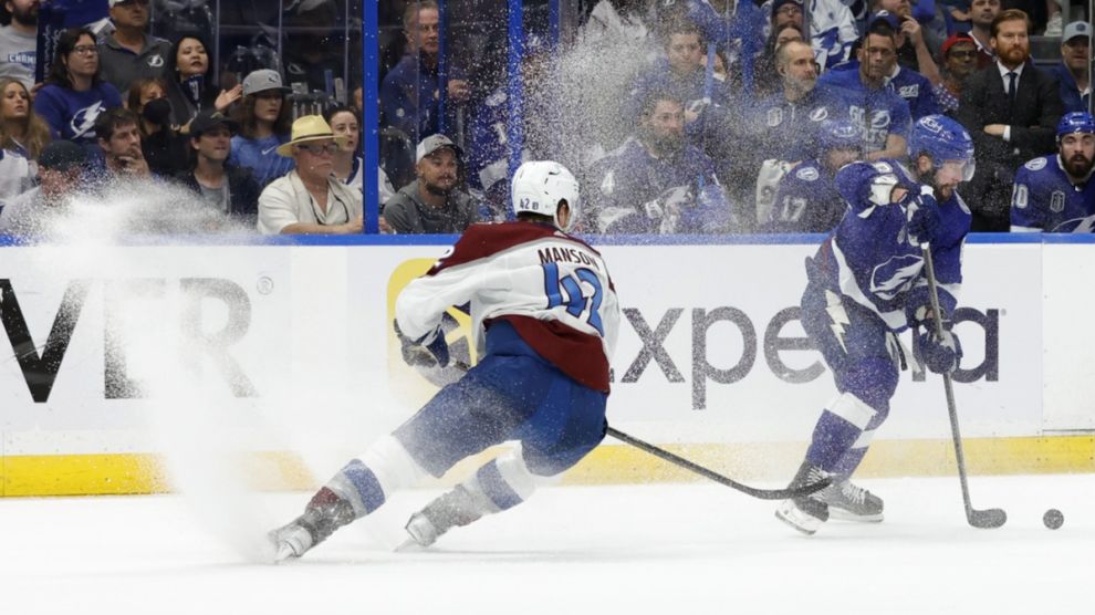 Tampa Bay Lightning right wing Nikita Kucherov (86) skates with the puck as Colorado Avalanche defenseman Josh Manson (42) defends. Pic: Geoff Burke-USA TODAY Sports