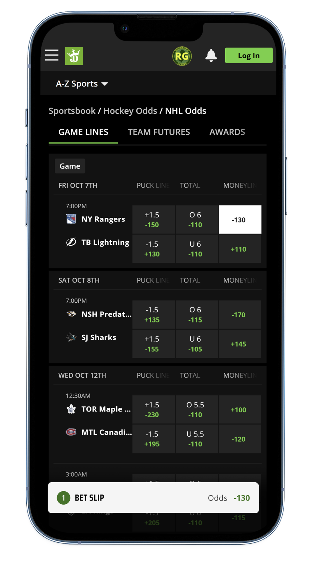 DraftKings NHL Moneyline screenshot 2