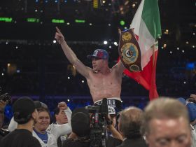Saul Canelo Alvarez wins the WBO middleweight world championship. © Jerome Miron-USA TODAY Sports