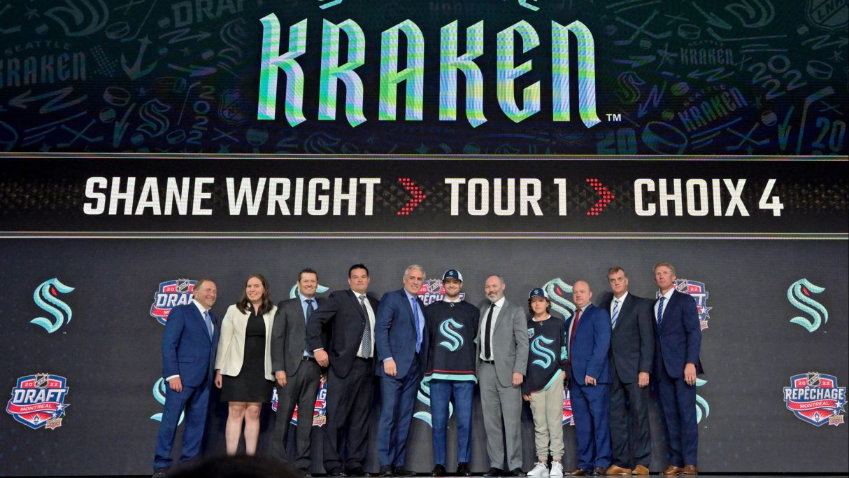 Shane Wright after being selected as the number four overall pick to the Seattle Kraken in the first round of the 2022 NHL Draft at Bell Centre. Mandatory Credit: Eric Bolte-USA TODAY Sport