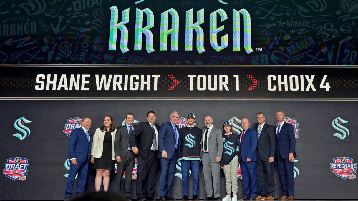 Shane Wright after being selected as the number four overall pick to the Seattle Kraken in the first round of the 2022 NHL Draft at Bell Centre. Mandatory Credit: Eric Bolte-USA TODAY Sport