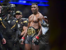Francis Ngannou celebrates the win against Ciryl Gane during UFC 270. Pic: Gary A. Vasquez-USA TODAY Sports
