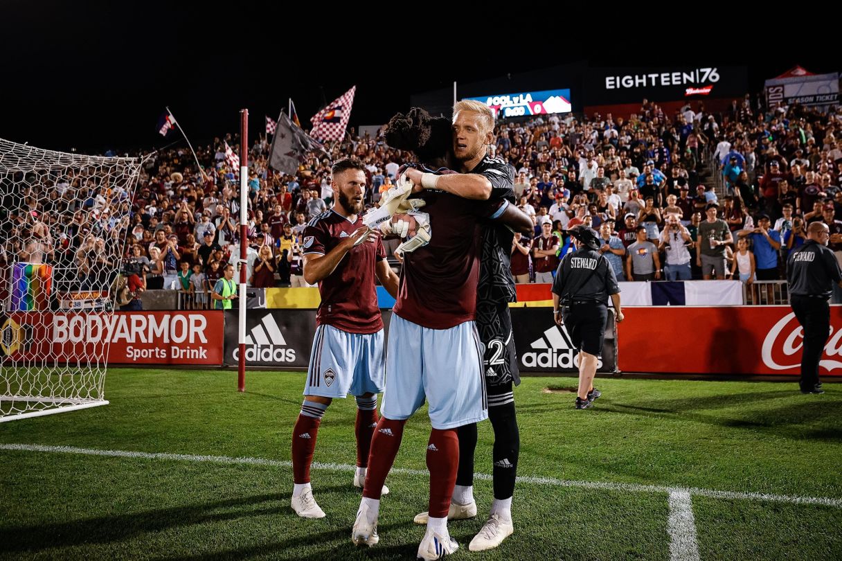 Colorado Rapids goalkeeper William Yarbrough (22) celebrates with defender Lalas Abubakar (6) and defender Keegan Rosenberry (2) after the match against the LA Galaxy. Pic: Isaiah J. Downing-USA TODAY Sports