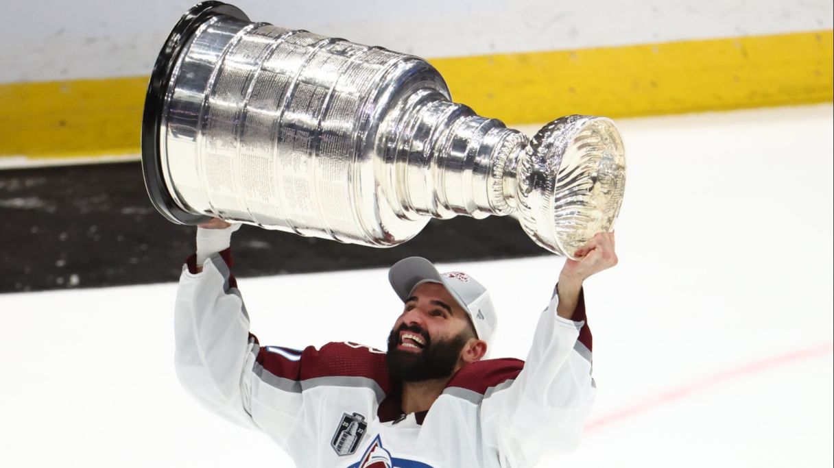 Nazem Kadri (91) celebrates with the Stanley Cup trophy after defeating the Tampa Bay Lightning during game six of the 2022 Stanley Cup Final at Amalie Arena. Pic: Mark J. Rebilas-USA TODAY Sports