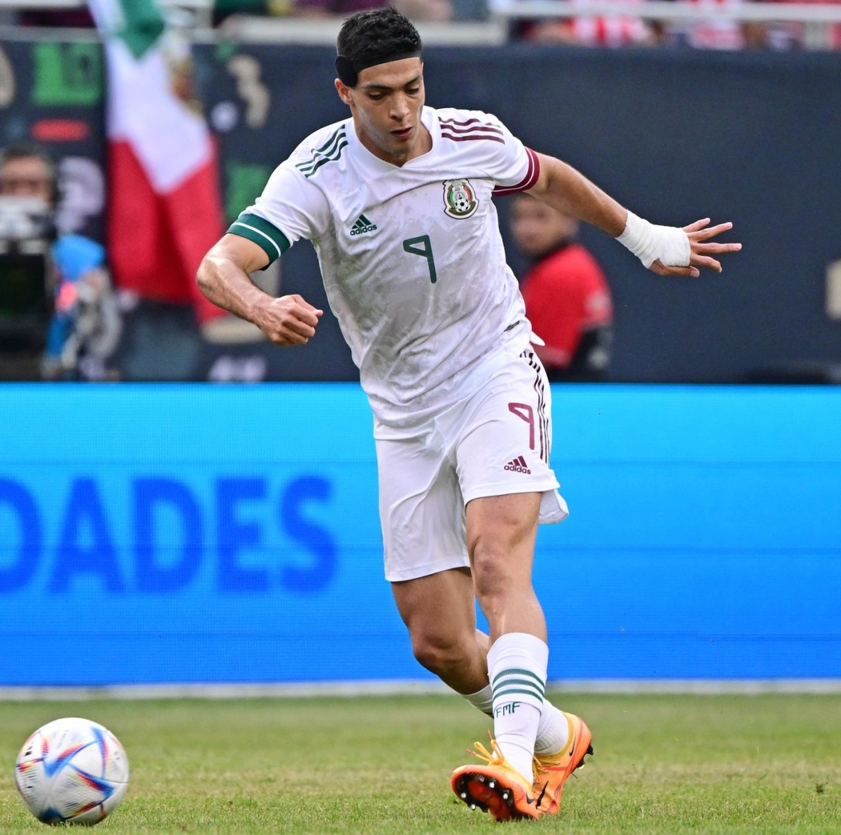 Raul Jimenez dribbles dangerously with the ball. Pic: Quinn Harris-USA TODAY Sports