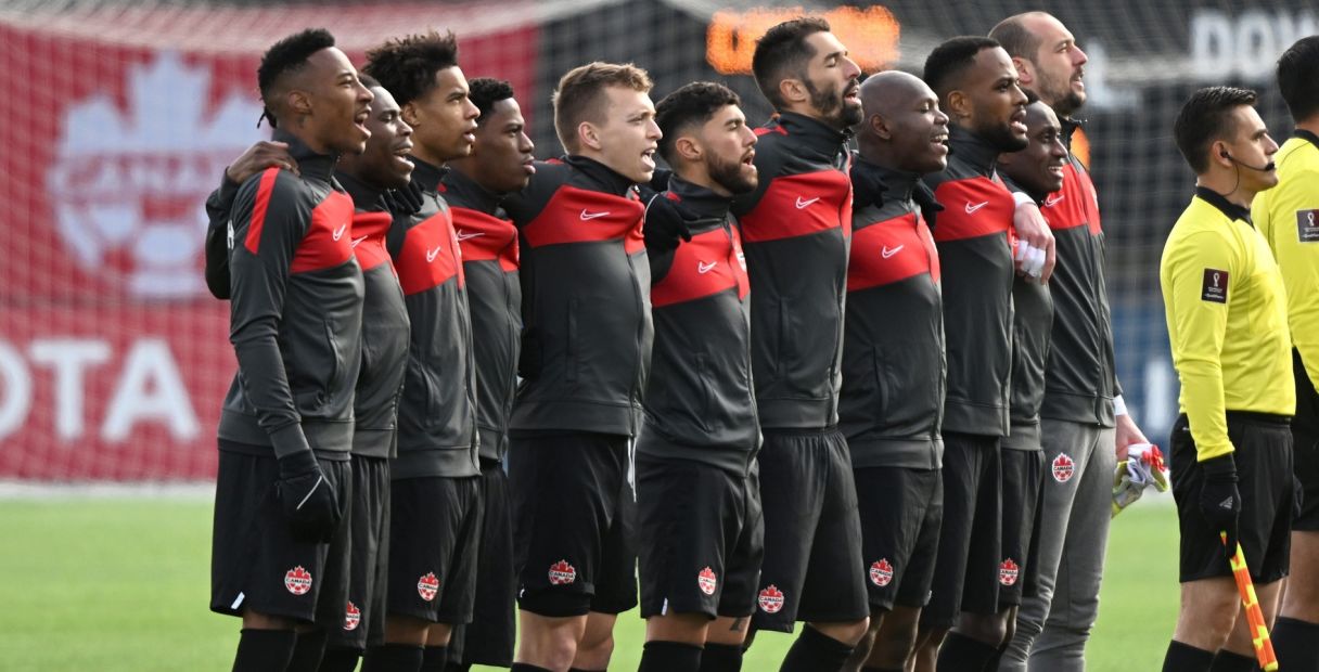 The Canada mens national team sing the national anthem before playing the United States