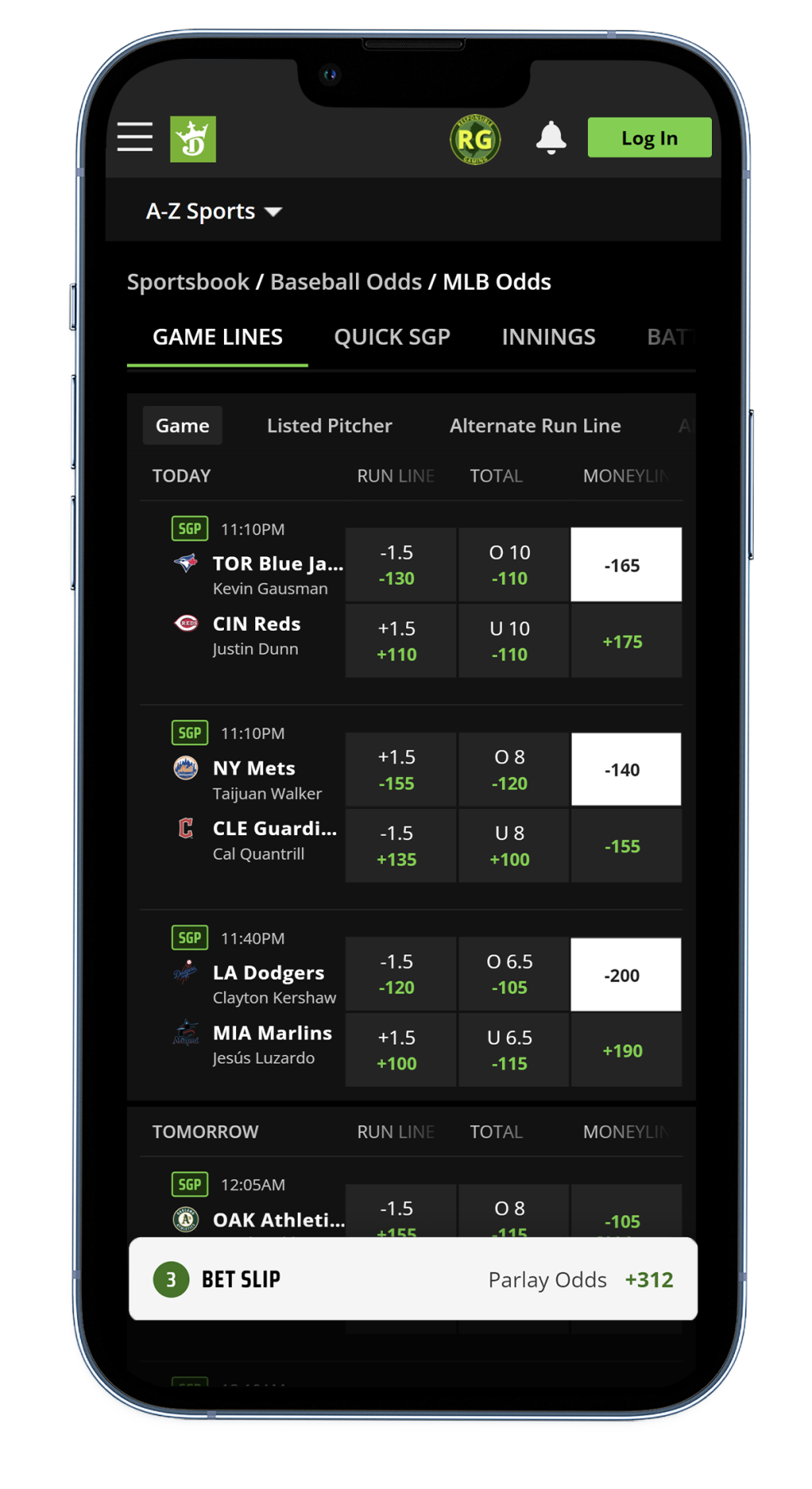 Click on the games you want to add to your MLB parlay bet