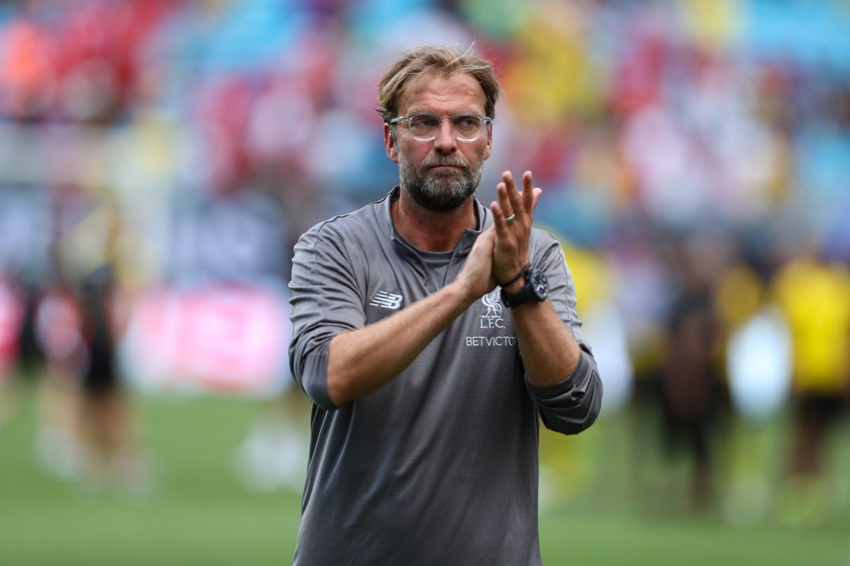 Jurgen Klopp applauds the fans after the second half of an International Champions Cup soccer match between Liverpool and the Borussia Dortmund at Bank of America Stadium. Mandatory Credit: Jim Dedmon-USA TODAY Sports