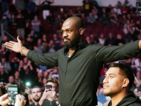 Jon Jones attends the light heavyweight bout between Jan Blachowicz (blue) and Corey Anderson. Pic: Kirby Lee-USA TODAY Sports