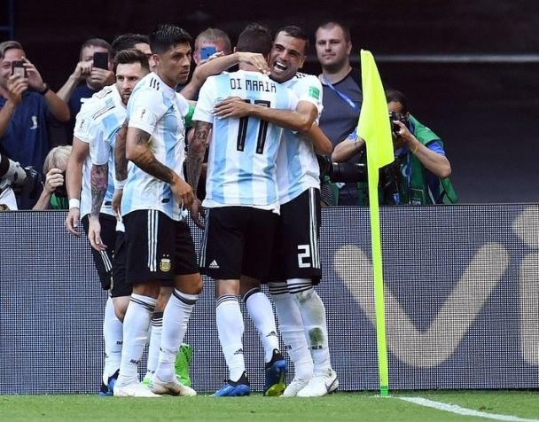 Argentina midfielder Angel Di Maria (11) celebrates with teammates after scoring a goal against France in the round of 16 during the FIFA World Cup 2018 at Kazan Stadium. Mandatory Credit: Tim Groothuis/Witters Sport via USA TODAY Sports