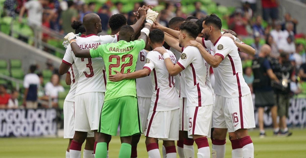 Qatar players huddle before the game against United States in a Concacaf Gold Cup semifinal soccer match. Pic: Scott Wachter-USA TODAY Sports