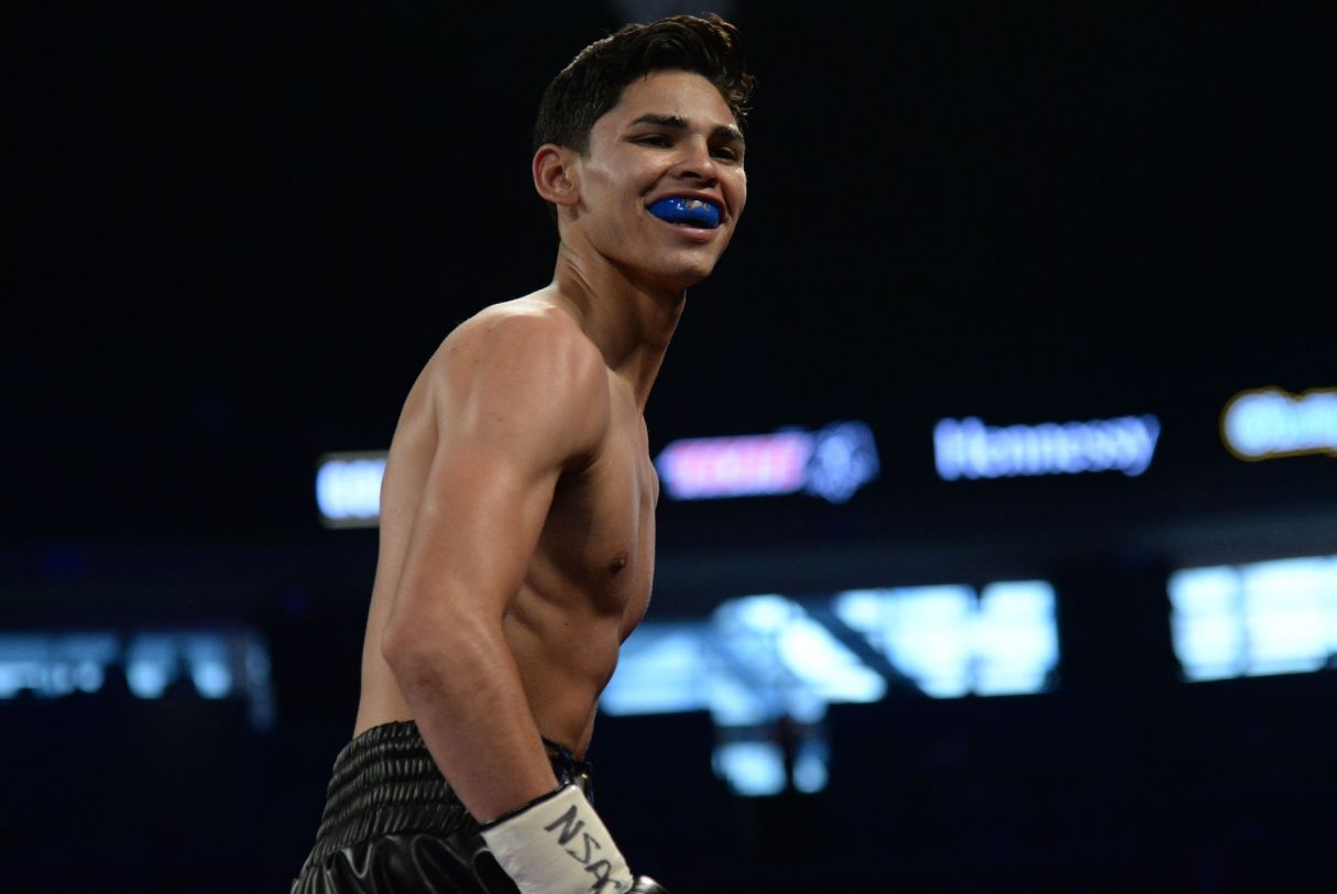 Ryan Garcia (black/gold trunks) reacts after defeating Tyrone Luckey (not pictured) in their lightweight bout at T-Mobile Arena. Garcia won via second round TKO. Mandatory Credit: Joe Camporeale-USA TODAY Sports