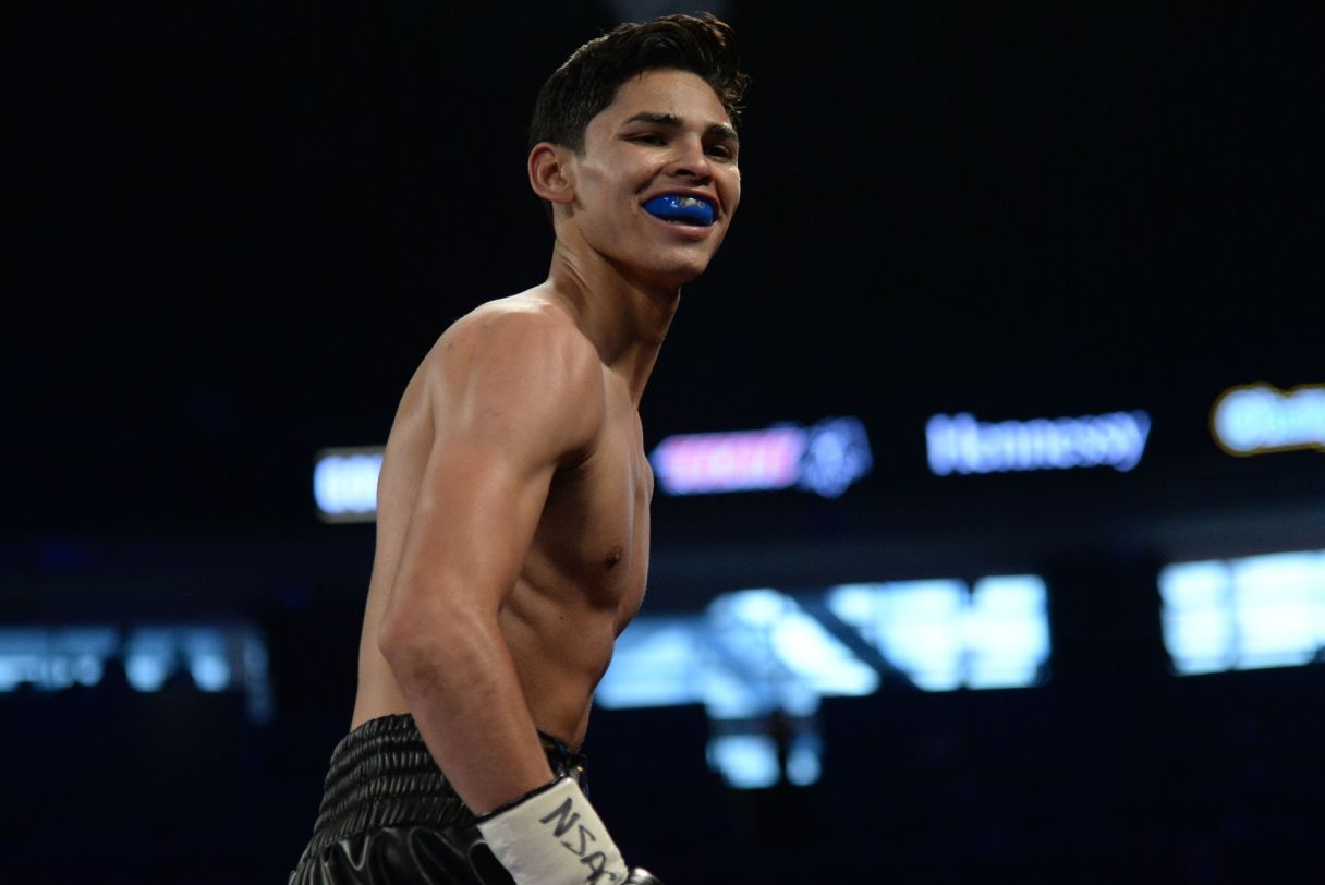 Ryan Garcia (black/gold trunks) reacts after defeating Tyrone Luckey (not pictured) in their lightweight bout at T-Mobile Arena. Garcia won via second round TKO. Mandatory Credit: Joe Camporeale-USA TODAY Sports