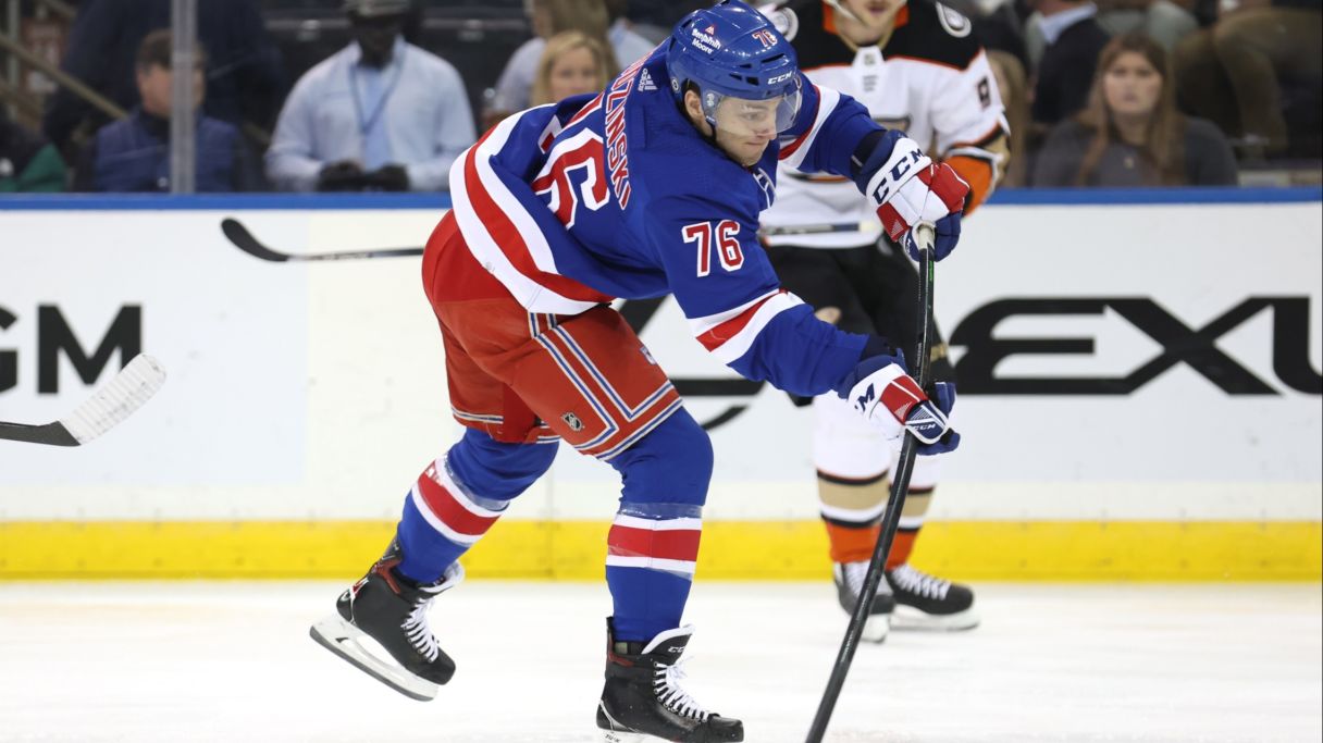 New York Rangers center Jonny Brodzinski (76) shoots the puck against the Anaheim Ducks during the first period at Madison Square Garden. Mandatory Credit: Brad Penner-USA TODAY Sports