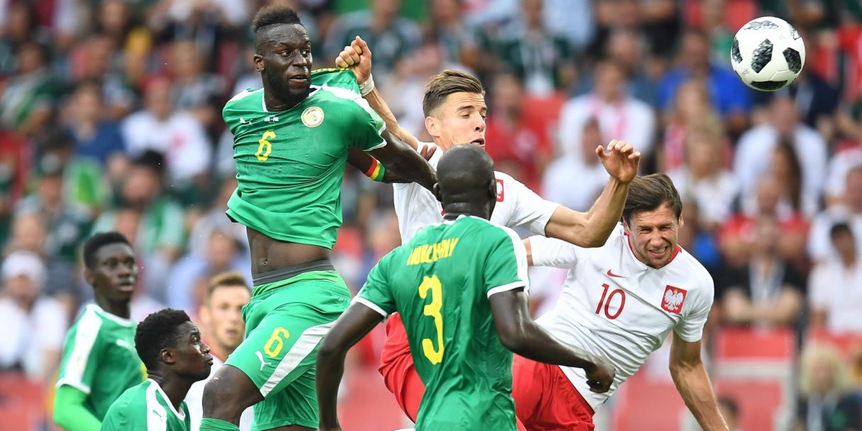 Senegal defender Kalidou Koulibaly challenging for a header at the FIFA World Cup 2018. Pic: Tim Groothuis/Witters Sport via USA TODAY Sports