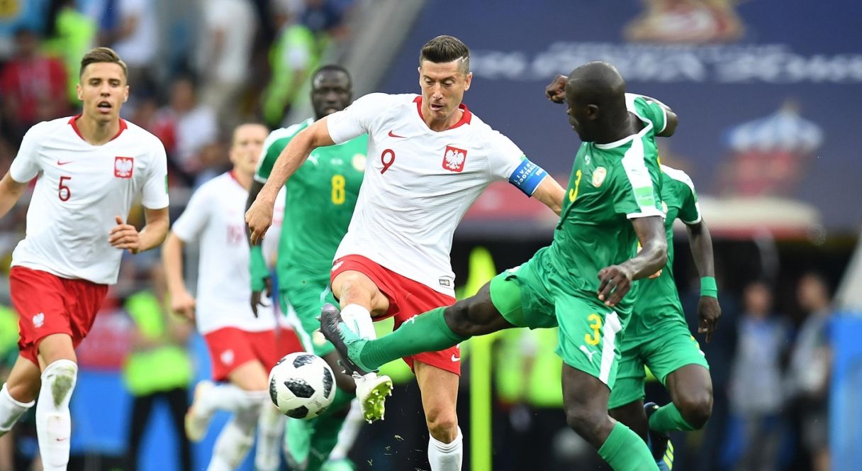 Poland forward Robert Lewandowski (9) battles for the ball with Senegal defender Kalidou Koulibaly. Pic: Tim Groothuis/Witters Sport via USA TODAY Sports