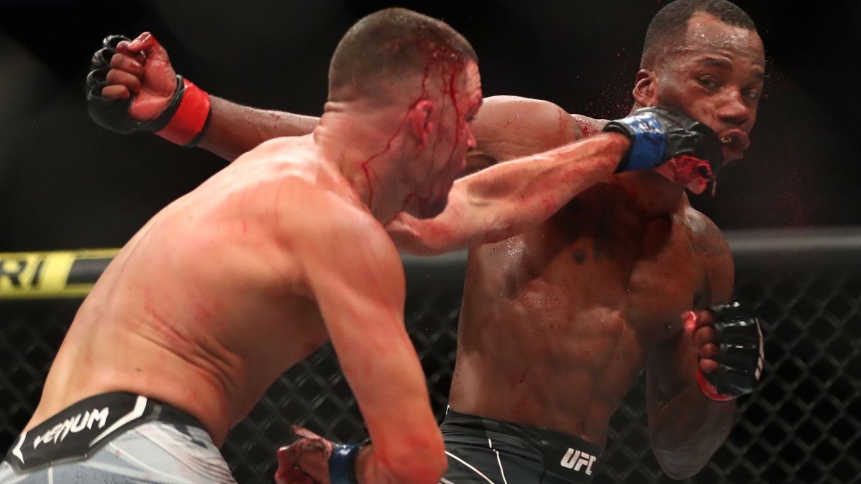 Nate Diaz lands a hit against Leon Edwards during UFC 263 at Gila River Arena. © David Yeazell-USA TODAY Sports