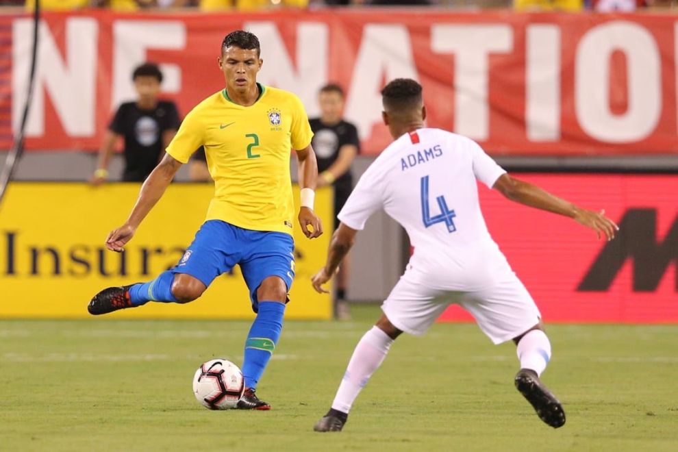 Brazil's Thiago Silva plays the ball against the USA. © Brad Penner-USA TODAY Sports