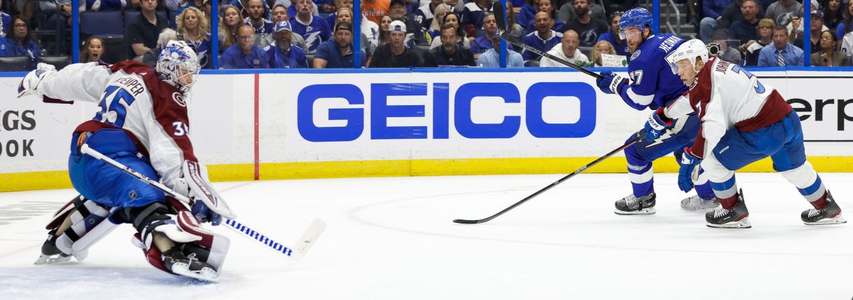 Tampa Bay Lightning defenseman Victor Hedman (77) scores a goal against Colorado Avalanche goaltender Darcy Kuemper (35) during the second period in game four of the 2022 Stanley Cup Final at Amalie Arena. Mandatory Credit: Geoff Burke-USA TODAY Sports