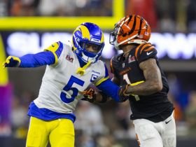 Los Angeles Rams' Jalen Ramsey against Cincinnati Bengals' Ja'Marr Chase. © Mark J. Rebilas-USA TODAY Sports