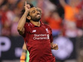 Liverpool forward Mohamed Salah (11) celebrates his goal against Manchester City during the second half of an International Champions Cup soccer match at MetLife Stadium. Mandatory Credit: Brad Penner-USA TODAY Sports