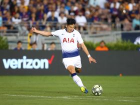 Jul 28, 2018; Pasadena, CA, USA; Tottenham Hotspur forward Son Heung-Min against FC Barcelona during an International Champions Cup soccer match at Rose Bowl. Mandatory Credit: Mark J. Rebilas-USA TODAY Sports