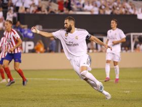 4:3 Karim Benzema (9) reacts after scoring on a penalty kick against Atletico. Pic: Brad Penner-USA TODAY Sports