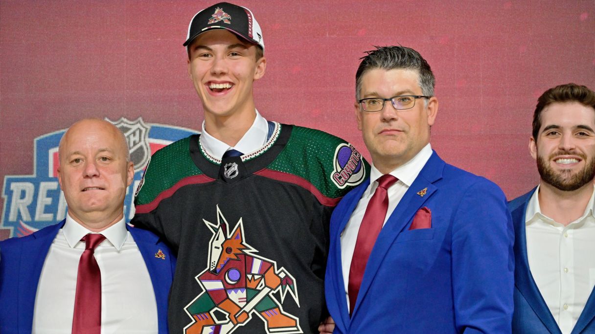 Maveric Lamoureux after being selected as the number twenty-nine overall pick to the Arizona Coyotes in the first round of the 2022 NHL Draft at Bell Centre. Pic: Eric Bolte-USA TODAY Sports