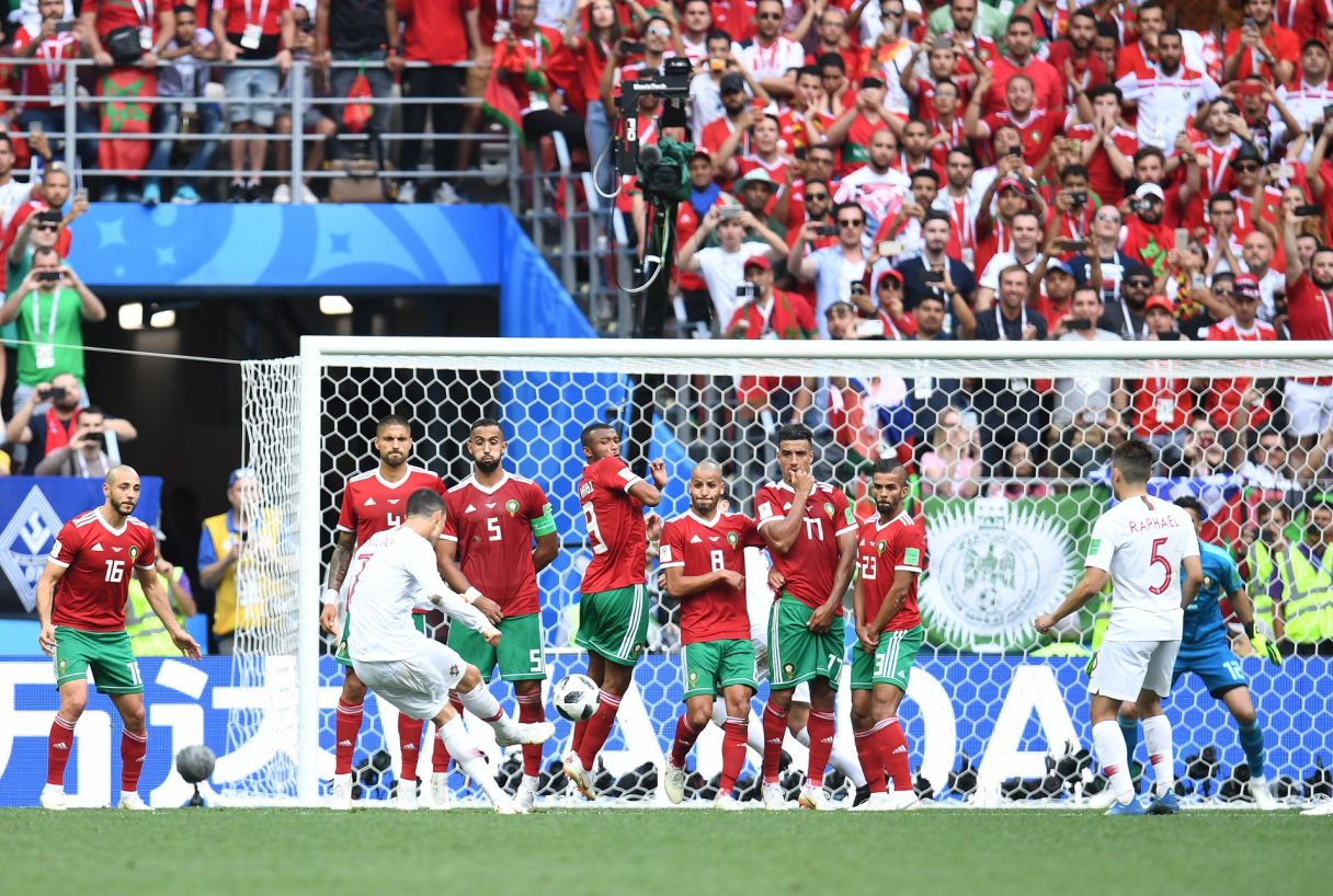 Cristiano Ronaldo strikes a free kick against Morocco during the FIFA World Cup 2018 at Spartak Stadium. Pic: Tim Groothuis/Witters Sport via USA TODAY Sports