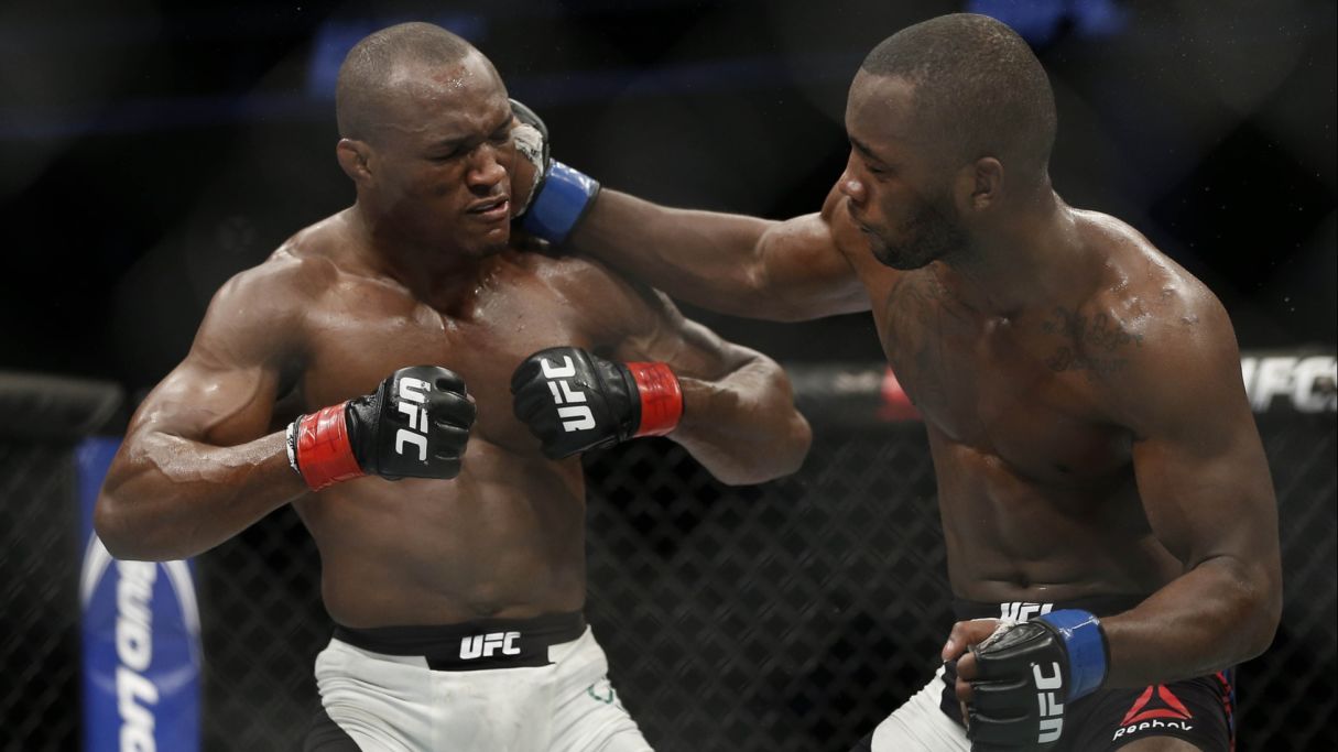 Leon Edwards tags Kamaru Usman with a solid right hand during their first fight. Pic: Reinhold Matay-USA TODAY Sports