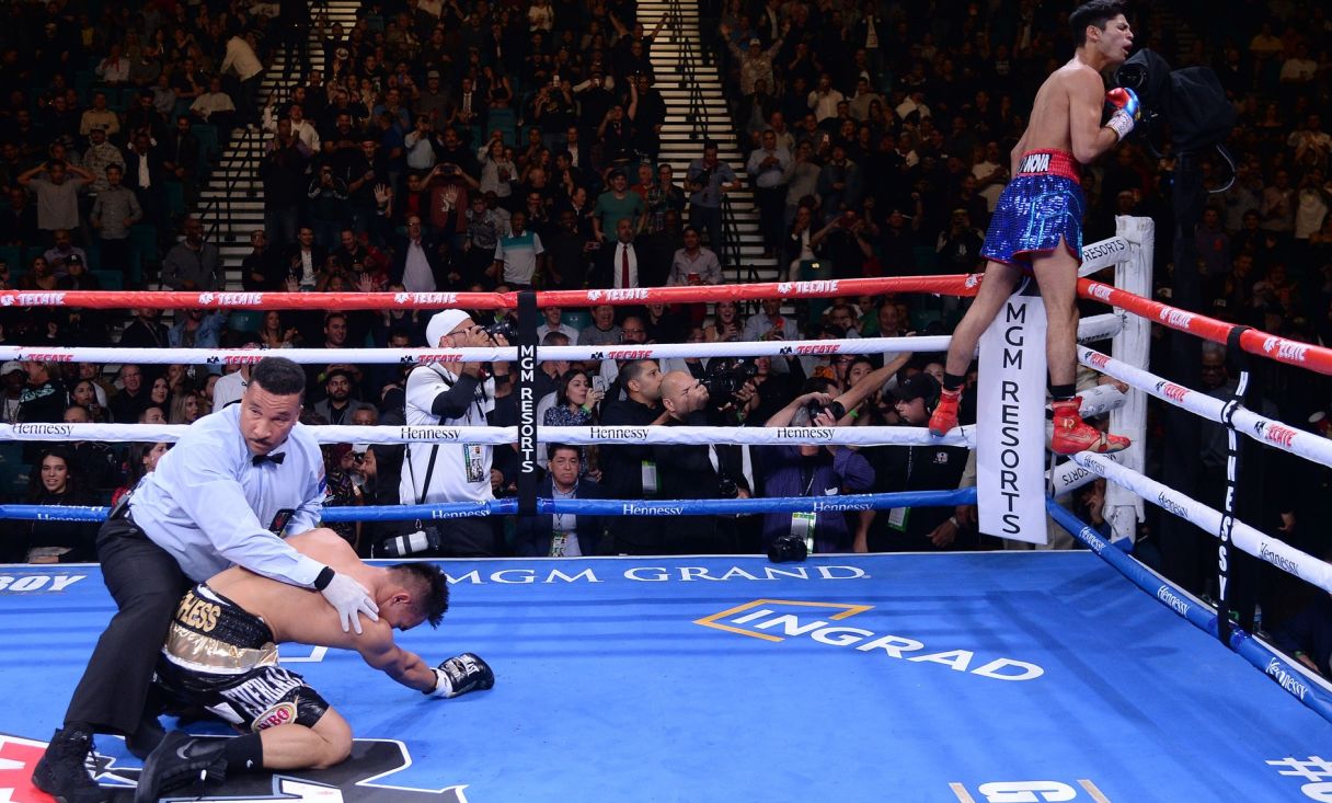 Ryan Garcia (blue trunks) knocks out Romero Duno (black trunks) during their WBC silver and NABO lightweight title bout at MGM Grand Garden Arena. Pic: Joe Camporeale-USA TODAY Sports