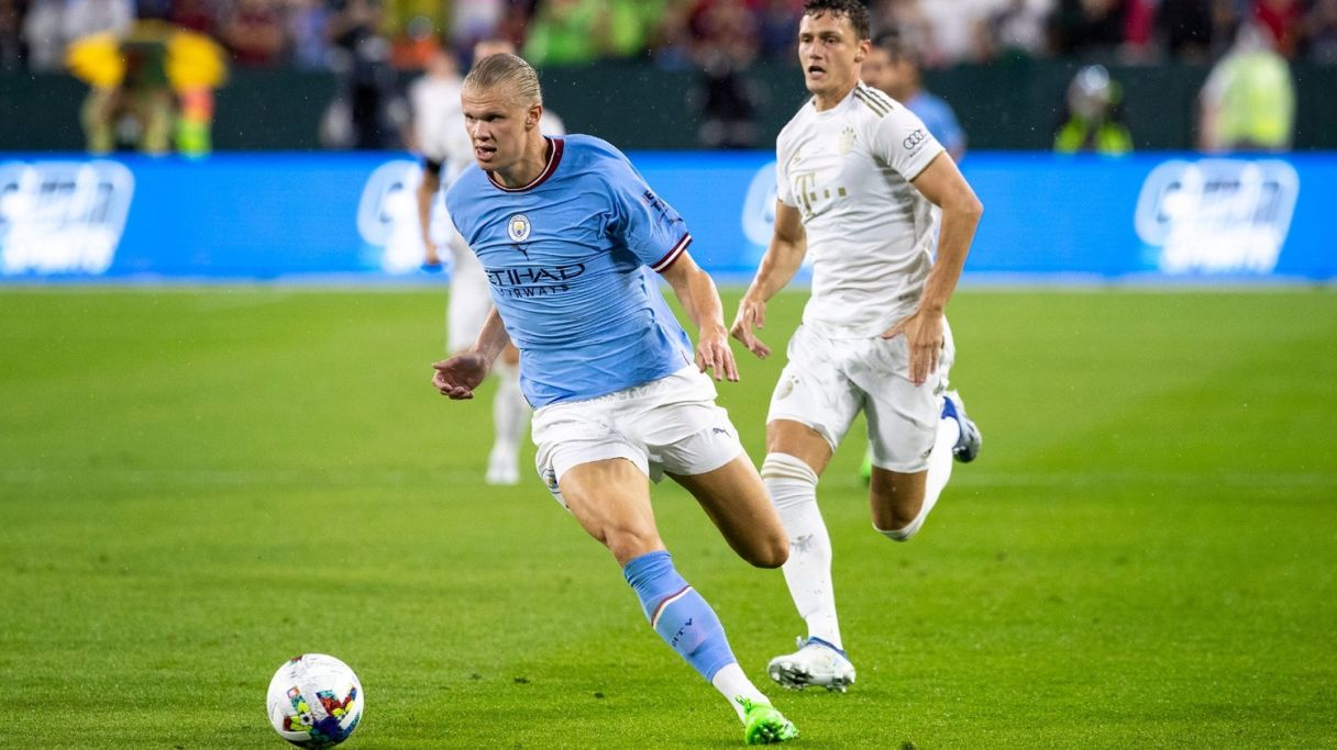 Manchester City forward Erling Haaland (9) runs the ball during the exhibition match against FC Bayern Munich. Pic USA TODAY NETWORK