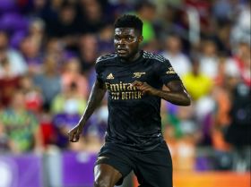 Jul 20, 2022; Orlando, FL, USA; Arsenal midfielder Thomas Partey (5) controls the ball against Orlando City in the second half at Exploria Stadium. Mandatory Credit: Nathan Ray Seebeck-USA TODAY Sports