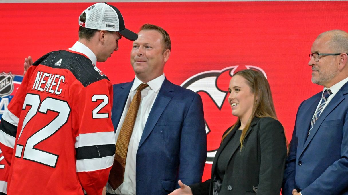 Simon Nemec after being selected as the number two overall pick to the New Jersey Devils in the first round of the 2022 NHL Draft at Bell Centre. Mandatory Credit: Eric Bolte-USA TODAY Sports