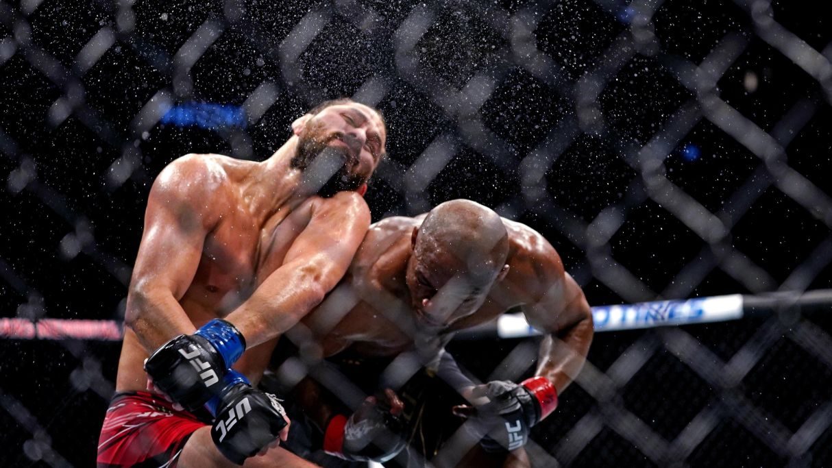 Kamaru Usman knocks Jorge Masvidal unconscious with a vicious right hand at UFC 261. Pic: Jasen Vinlove-USA TODAY Sports