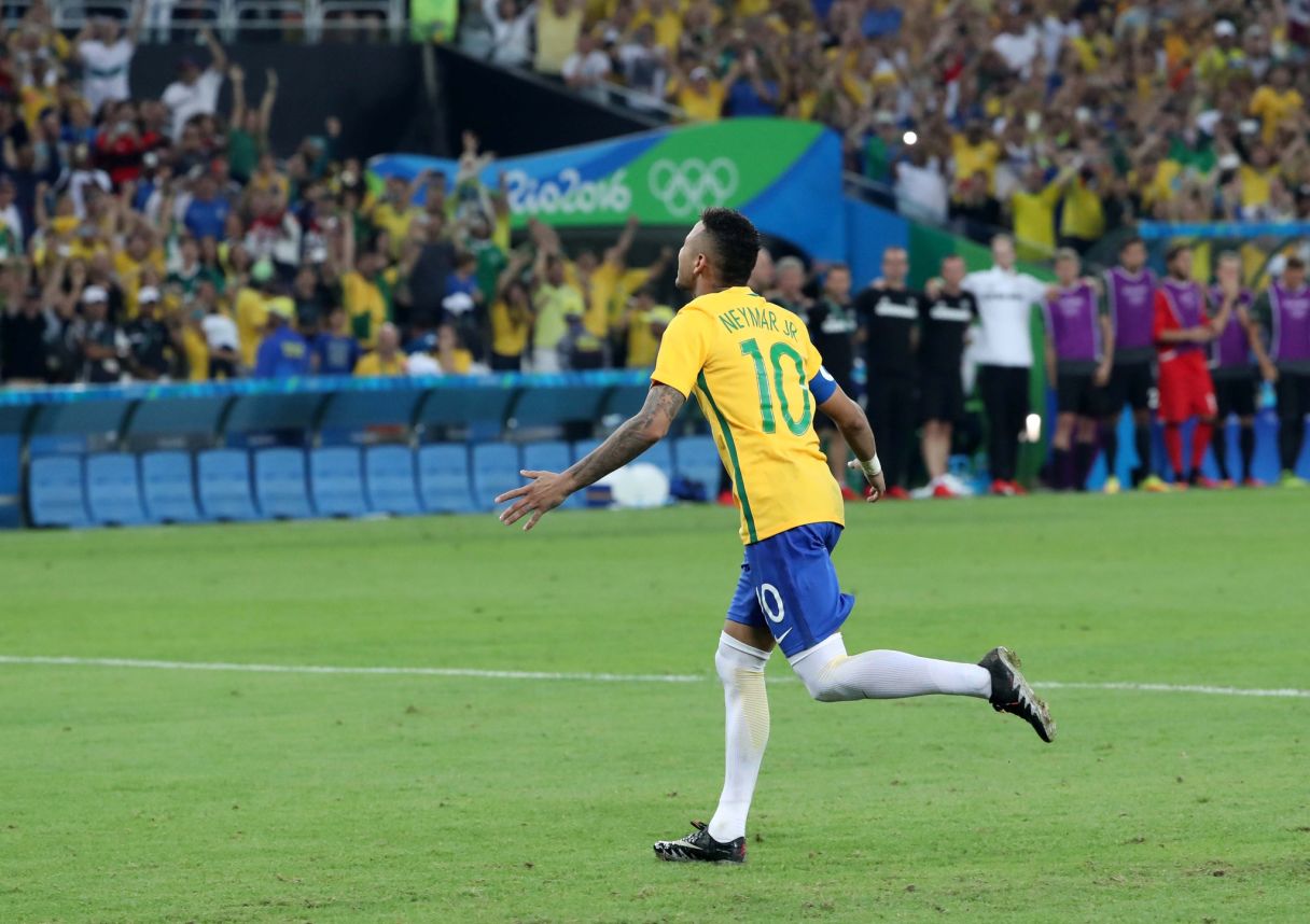 Neymar celebrates after scoring the game-winning penalty in the Olympics. Pic: Eric Seals-USA TODAY Sport